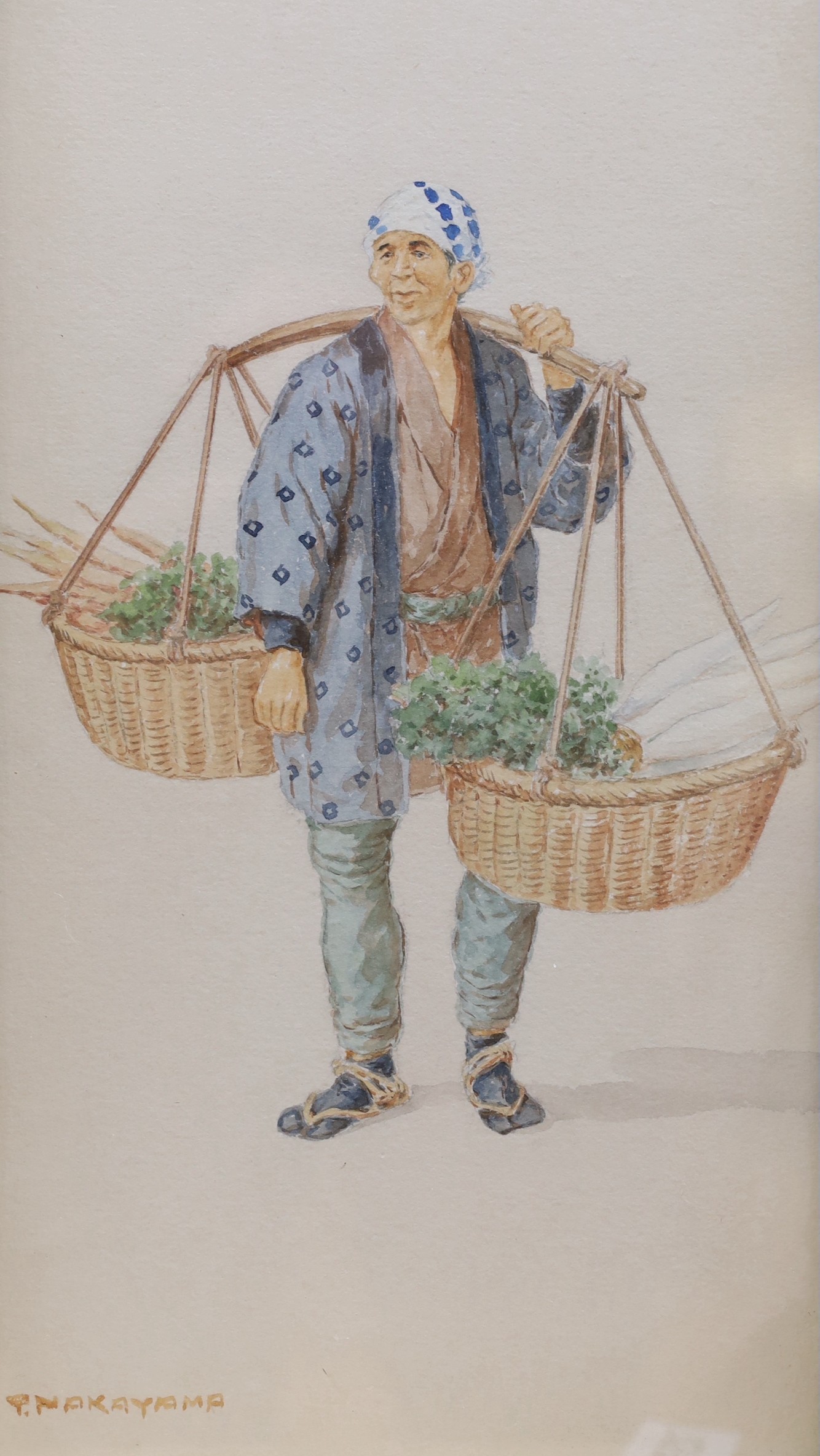 Takashi Nakayama (Japanese, 1893-1978), three watercolours, Studies of peasants carrying baskets of flowers and vegetables, signed, 33 x 16cm